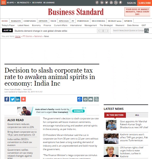 Decision to slash corporate tax rate to awaken animal spirits in economy