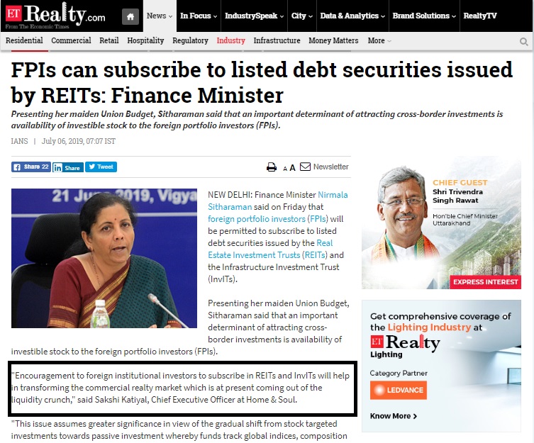 FPIs can subscribe to listed debt securities issued by REITs: Finance Minister
