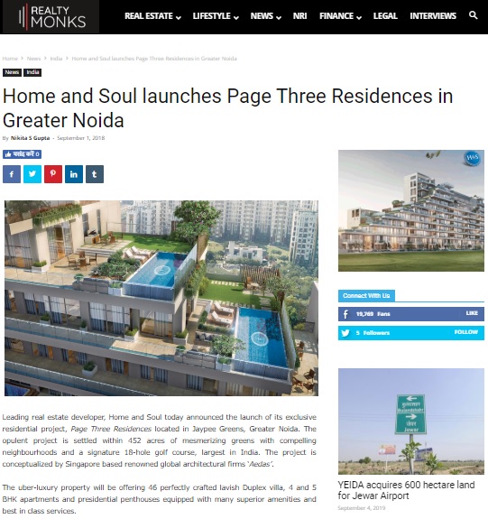 Home and Soul launches Page Three Residences in Greater Noida